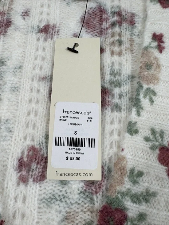 Francesca's Floral Ribbon Tie Cardigan Small Ivory Mauve Cottagecore NWT - Picture 9 of 15